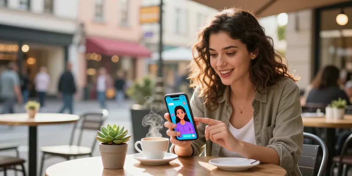 Engaging scene of a young woman using an AI girlfriend app outdoors, highlighting the ai gf experience amidst urban life.