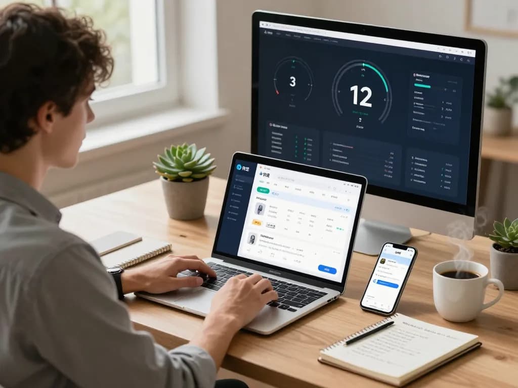 快连 application interface on a laptop in a cozy home office, showcasing a seamless internet experience.