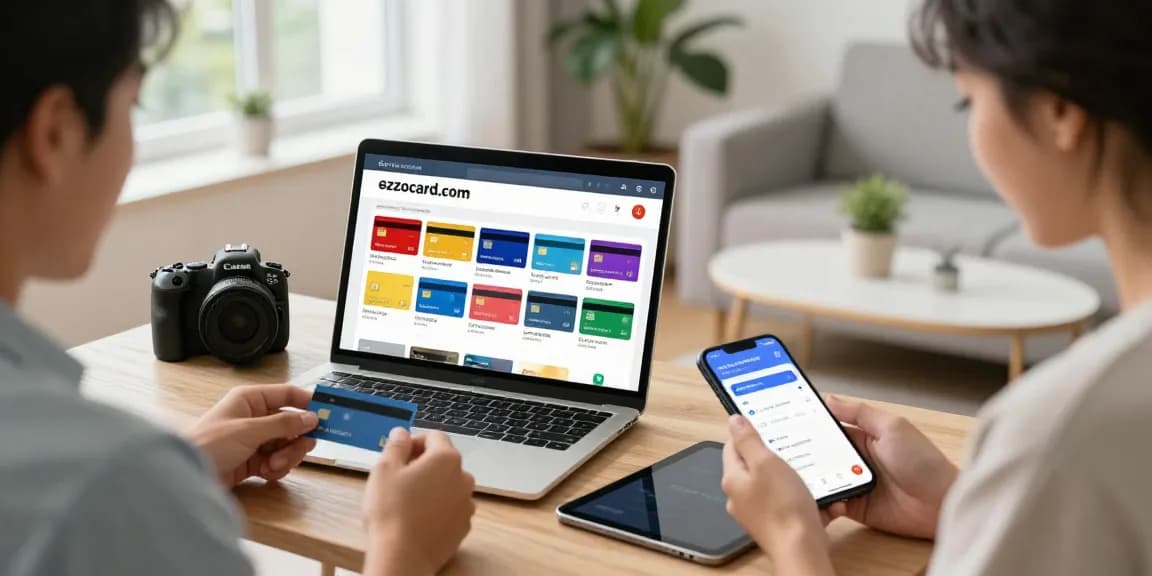 Engaging scene showcasing users exploring ezzocard.com for virtual prepaid cards, emphasizing easy online transactions.