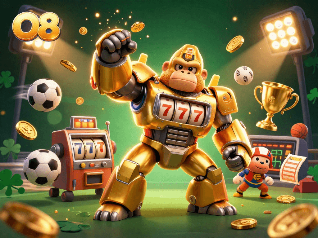 Experience thrilling action with O8's vibrant entertainment scene filled with slot machines, sports, and winning moments.