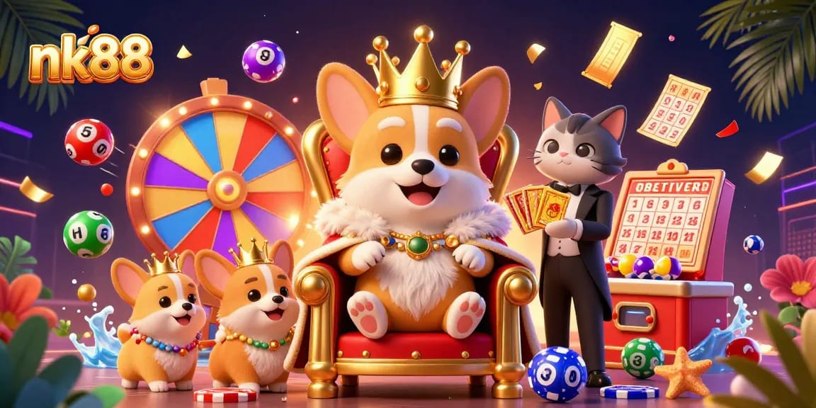 Experience thrilling gaming with nk88, featuring a royal corgi on a throne of poker chips.