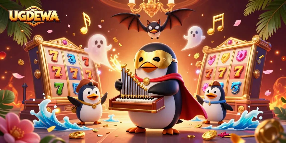 Engage with UGDEWA as a magical penguin plays a golden organ while lucky slots surround the vibrant scene.