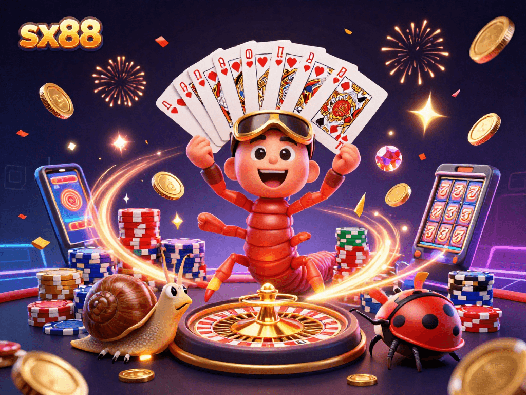 Experience the excitement of sx88 with a colorful casino scene featuring playful characters and dynamic game elements.