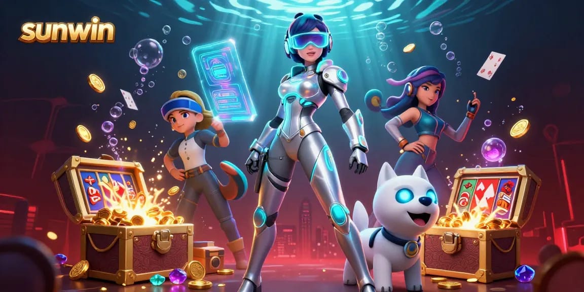 Engage with sunwin's dynamic gaming experience featuring a futuristic woman and a robot dog amidst slots and vibrant visuals.
