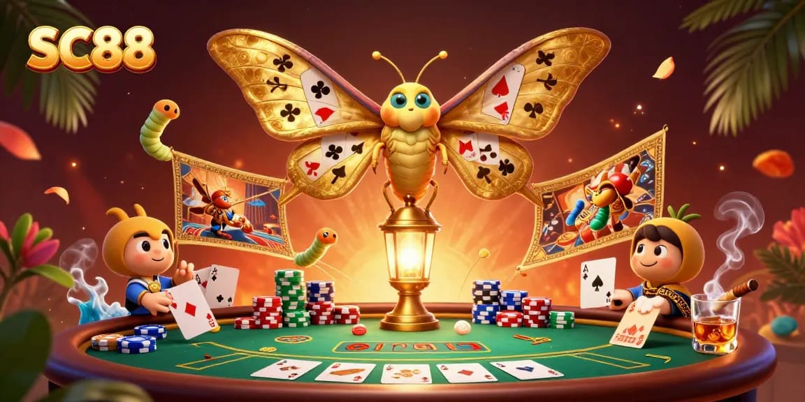 Engage with SC88, where a vibrant cartoon atlas moth adorns a golden lantern, evoking casino excitement.
