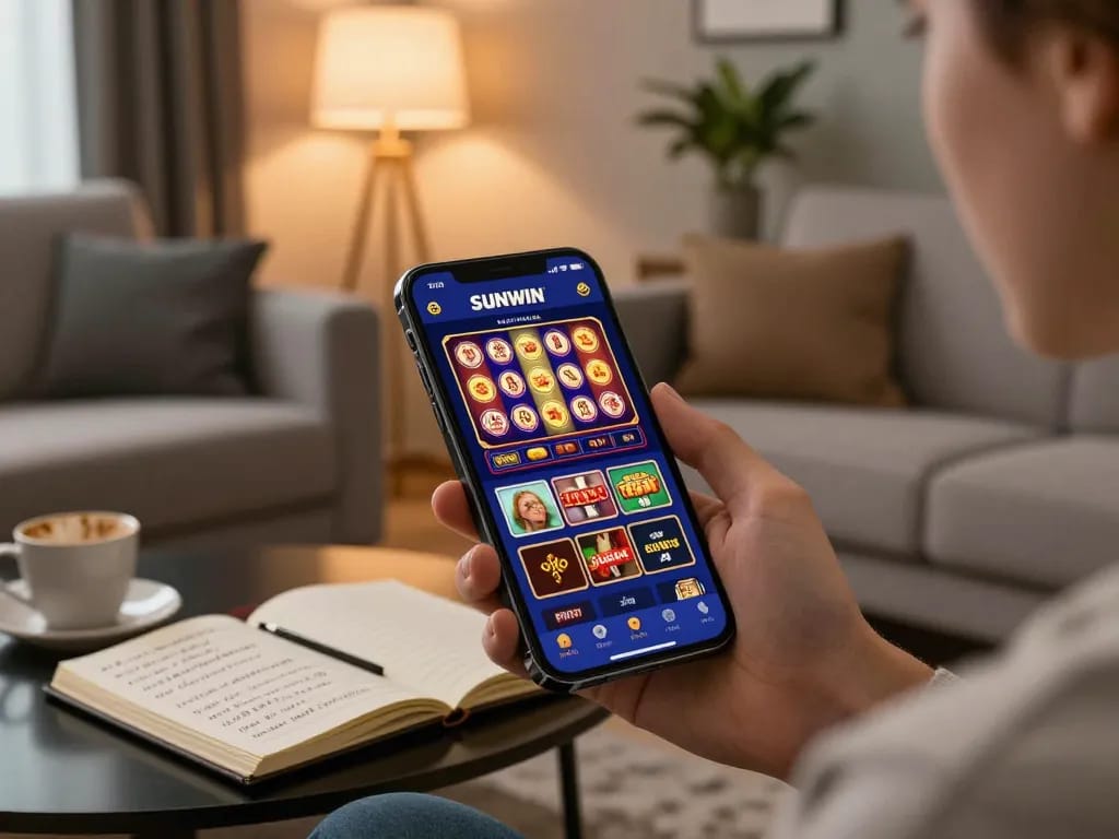 SUNWIN betting app displayed on a smartphone, showing vibrant gaming options in a cozy home setting.
