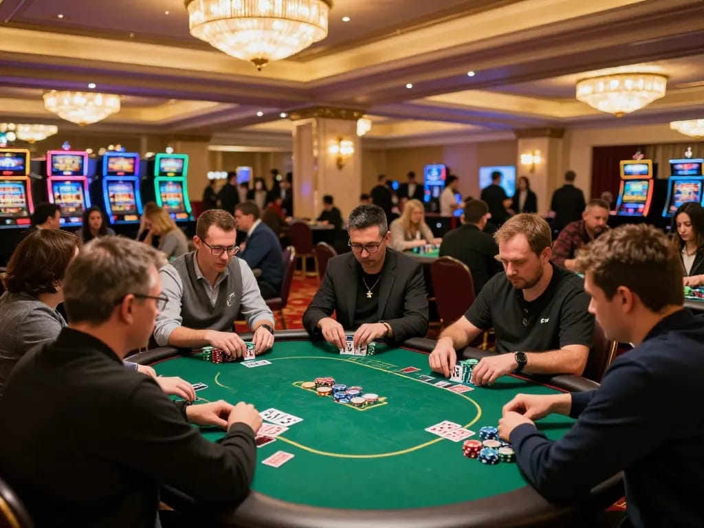 Sunwin gameplay at a bustling casino poker table, showcasing players and chips in action.
