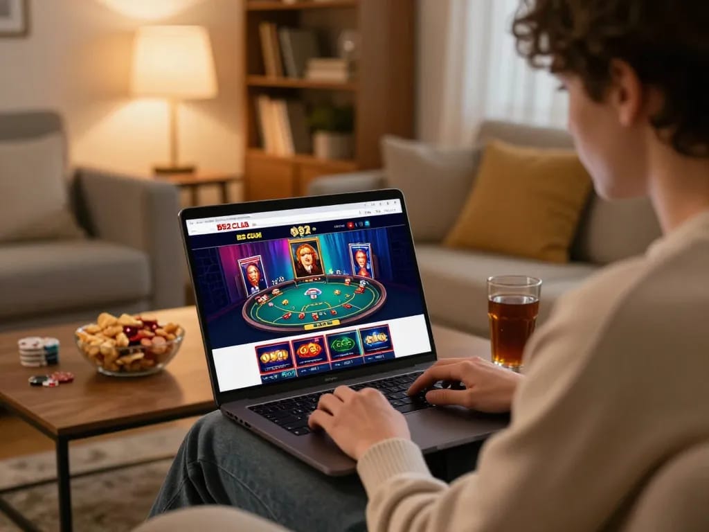 B52 club player enjoying poker gameplay on laptop in a cozy home setting with snacks nearby