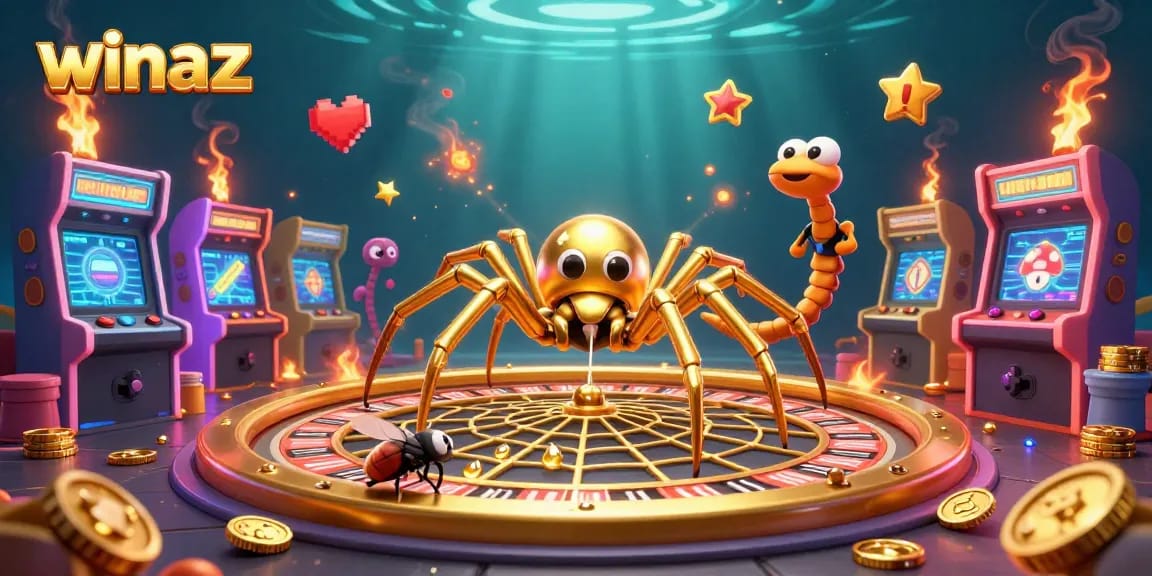 Experience the thrill of winaz as a nervous fly places bets at a roulette wheel web in this vibrant casino scene.