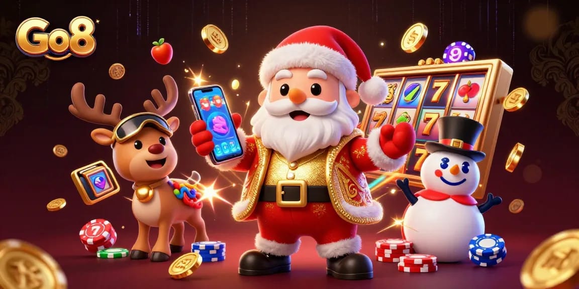 Spin jackpot slots at Go8 casino with Santa and friends in a lively 3D illustration.
