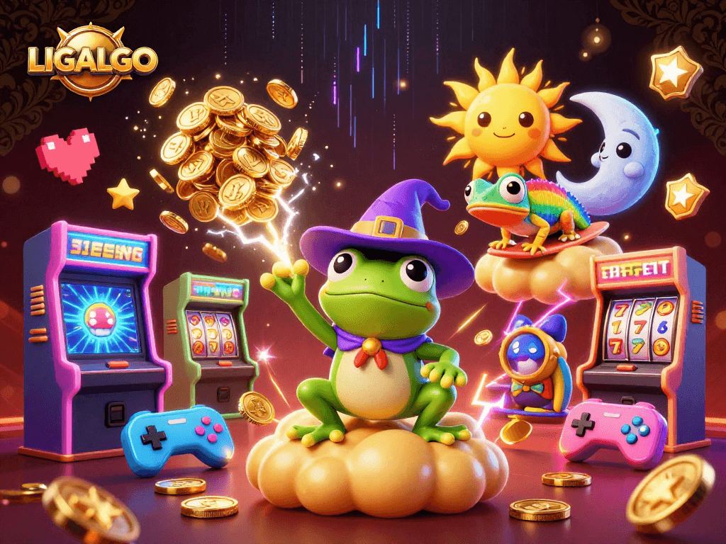 LIGALGO showcases an enchanting casino scene with 3D wizard and chameleon amid vibrant gaming elements.