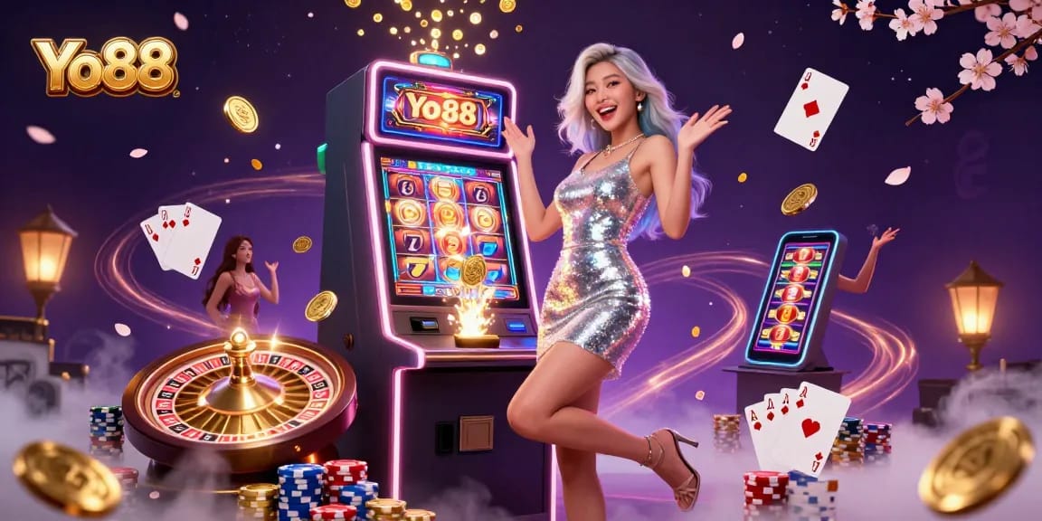 Experience big wins at Yo88 with a stunning jackpot scene featuring golden coins and vibrant casino elements.