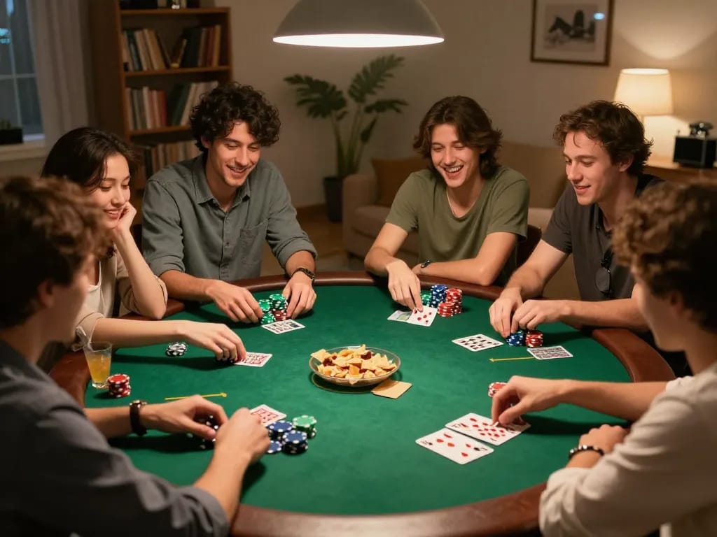 Engaged players analyzing their hands in Đánh Bài Take2 poker game night with chips and cards.