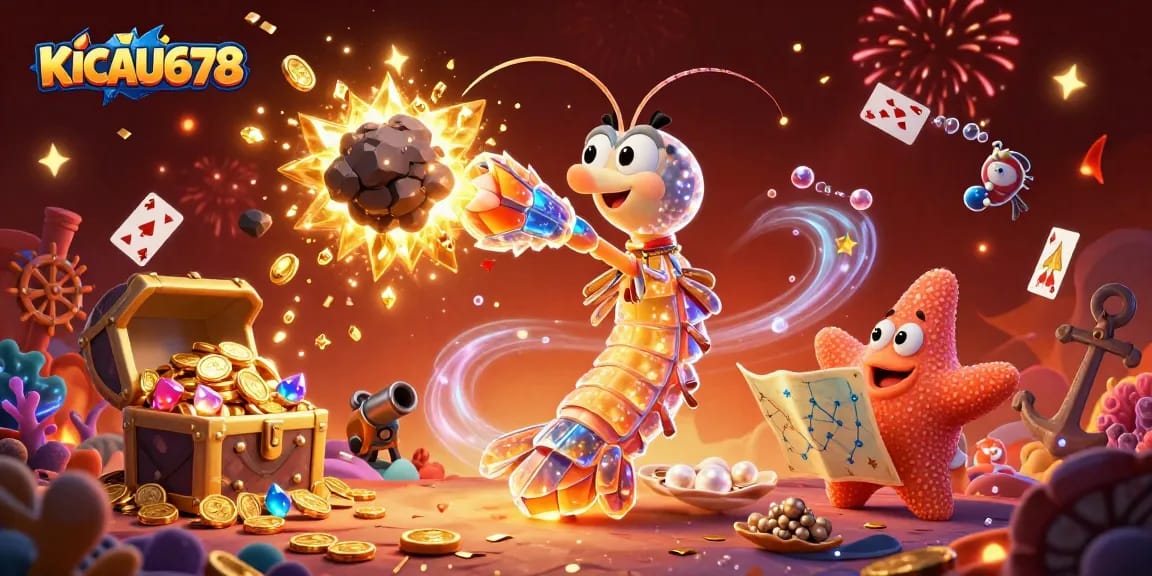 KICAU678 gamblers enjoying an explosion of riches in a vibrant underwater casino scene filled with jewels.