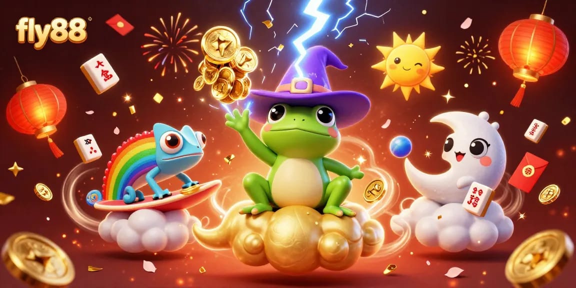 Experience fly88's excitement with a magical storm of coins and vibrant casino elements in this dynamic illustration.