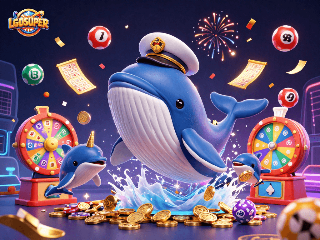 Experience the fun of LGOSUPER with a whale, narwhal, and dolphins amidst vibrant gaming elements.