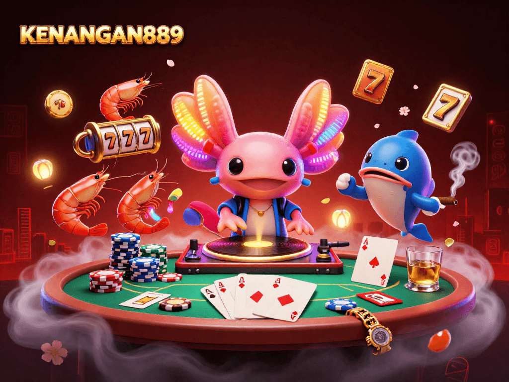 Experience the vibrant world of KENANGAN889 with a neon-colored axolotl DJ and lively casino elements.