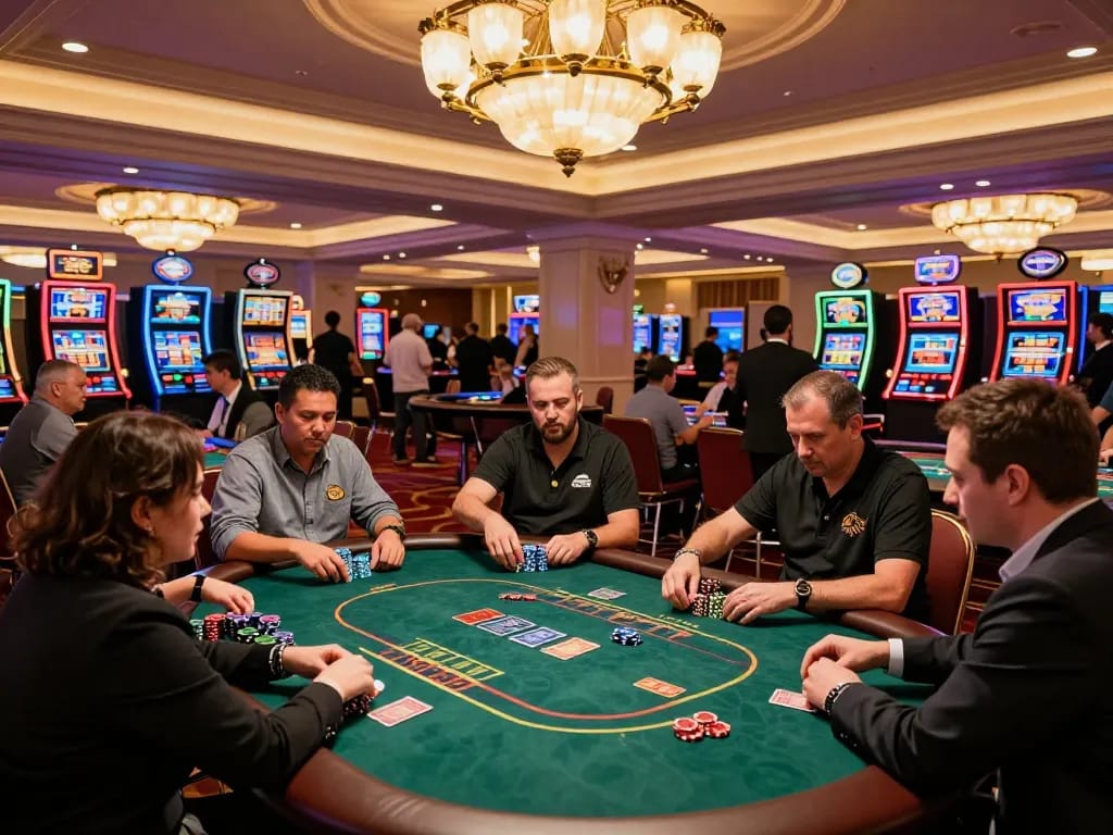 Players engaging in strategic poker gameplay at the UG DEWA casino, displaying dynamic action with cards and chips.