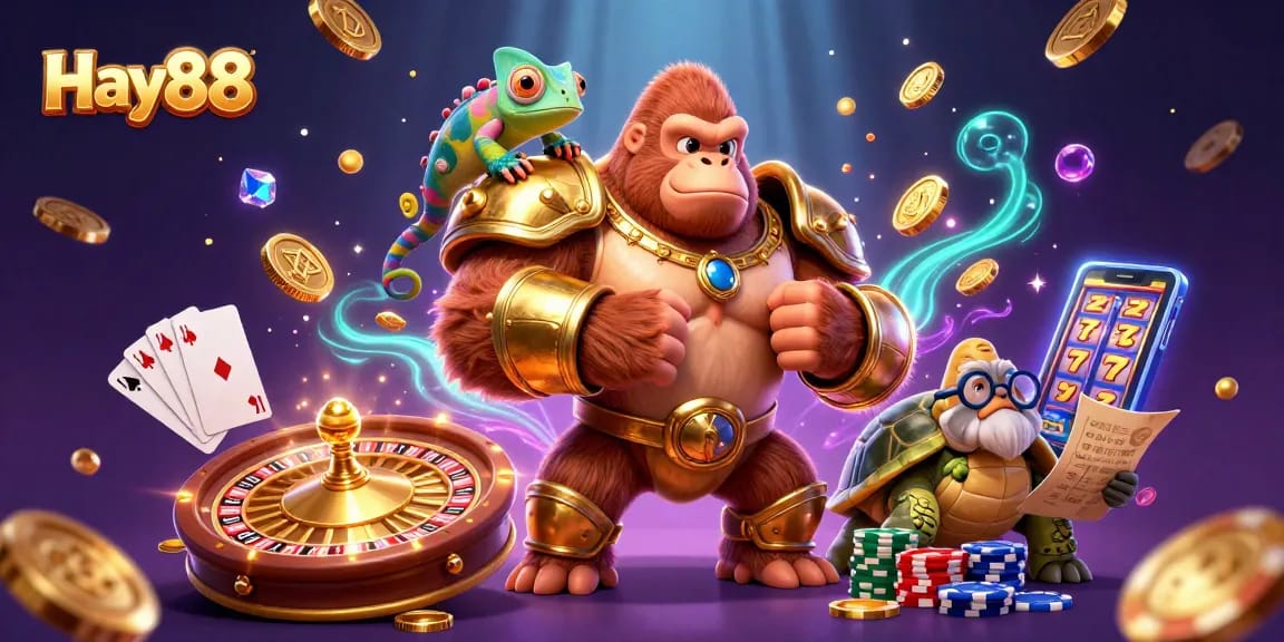 Experience the vibrant world of Hay88 with exciting gaming action, glittering coins, and dynamic characters.