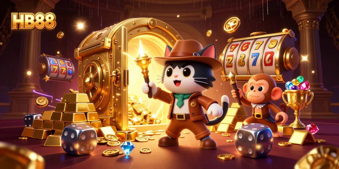 Engage with HB88's thrilling gaming atmosphere featuring an explorer cat and monkey discovering treasures.