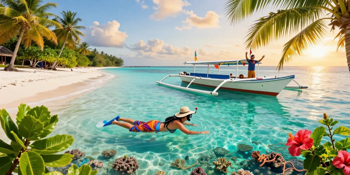Island Hopping in the Philippines with a traveler snorkeling in turquoise waters, surrounded by tropical scenery.