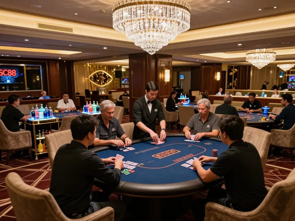 SC88 Vip players enjoying high-stakes poker in an elegant VIP lounge atmosphere