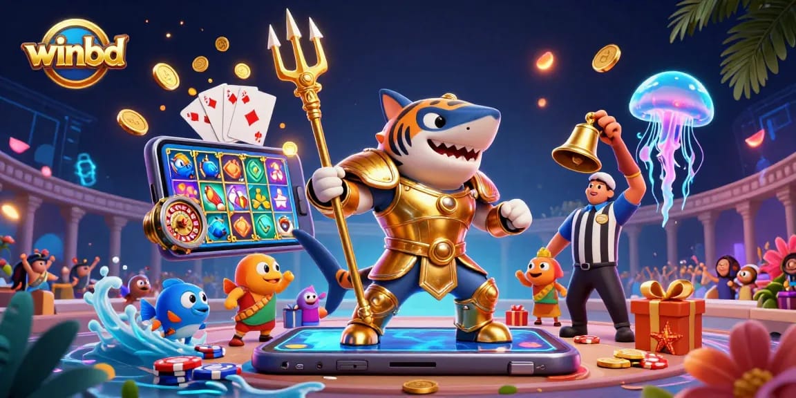 Experience thrilling games at winbd with a dynamic scene featuring a tiger shark and casino elements.