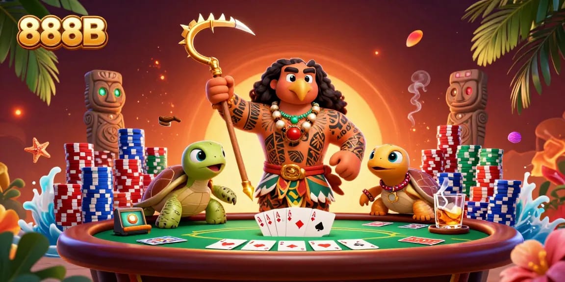 Engage with 888B's vibrant casino scene featuring a demigod hawk, poker chips, and glowing tiki statues.