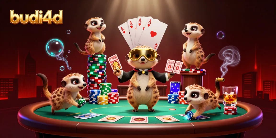 Budi4d engages players in a vibrant casino scene with meerkats managing poker tables and chip towers.