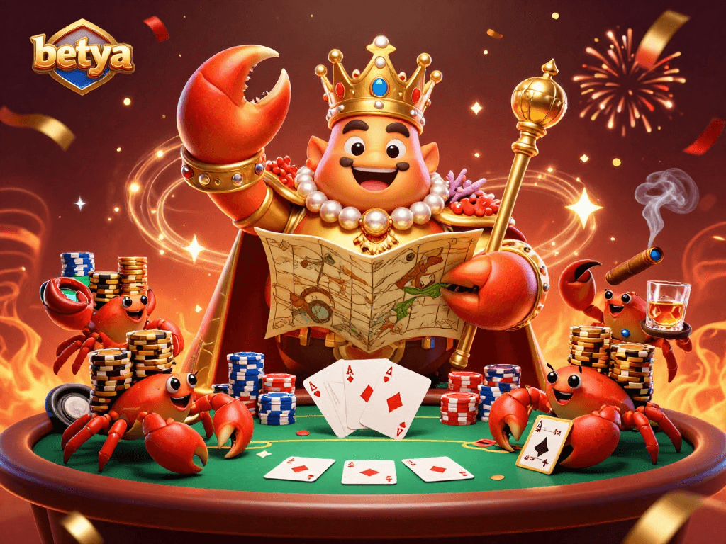 Experience the thrill of betya with the royal crab emperor amidst a vibrant poker scene.