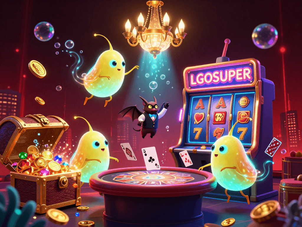Win big with LGOSUPER as glowworms illuminate the exciting slot gaming experience in a vibrant casino setting.