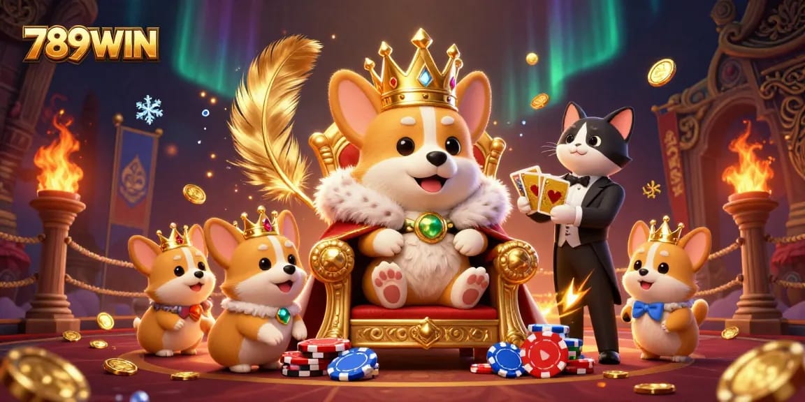 Experience the luxurious thrill of 789WIN, showcasing a royal corgi amidst festive casino elements.