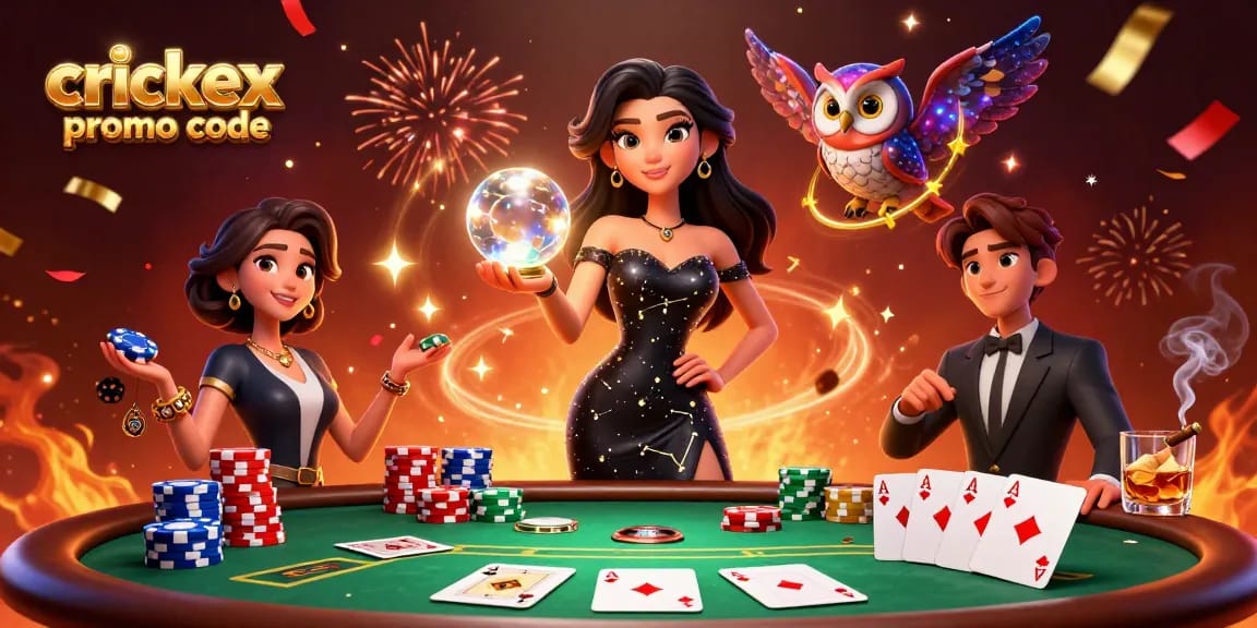 Win with crickex promo code in vibrant 3D casino-themed illustration featuring mystical elements.