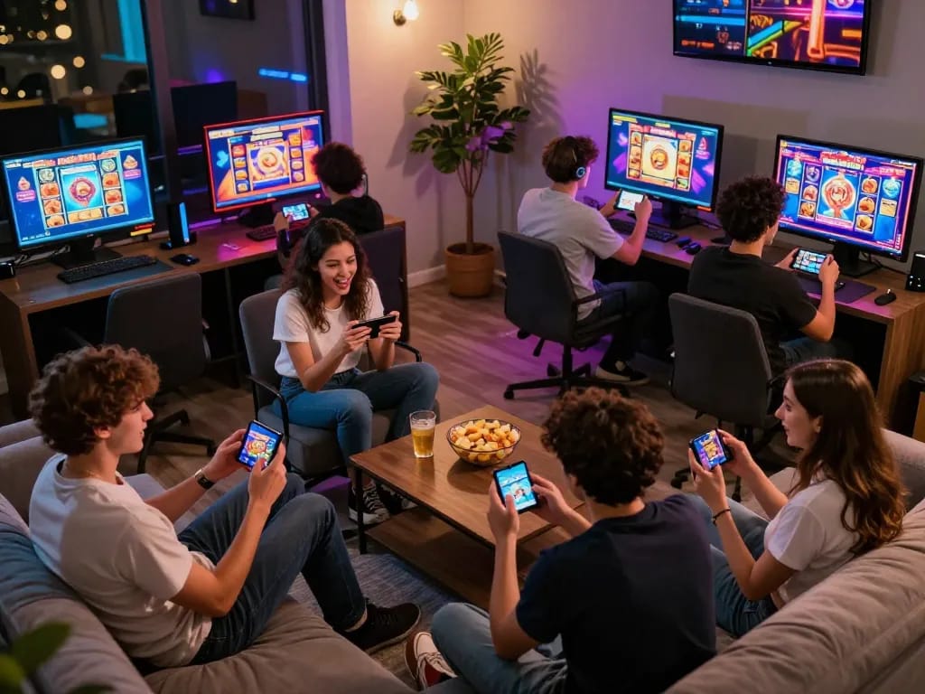 Players engaging with Pragmati Play slot games on mobile devices in a cozy gaming room.