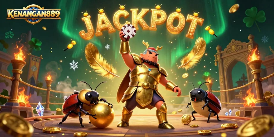 Engage with KENANGAN889 in this vibrant 3D illustration of a victorious beetle poker champion.