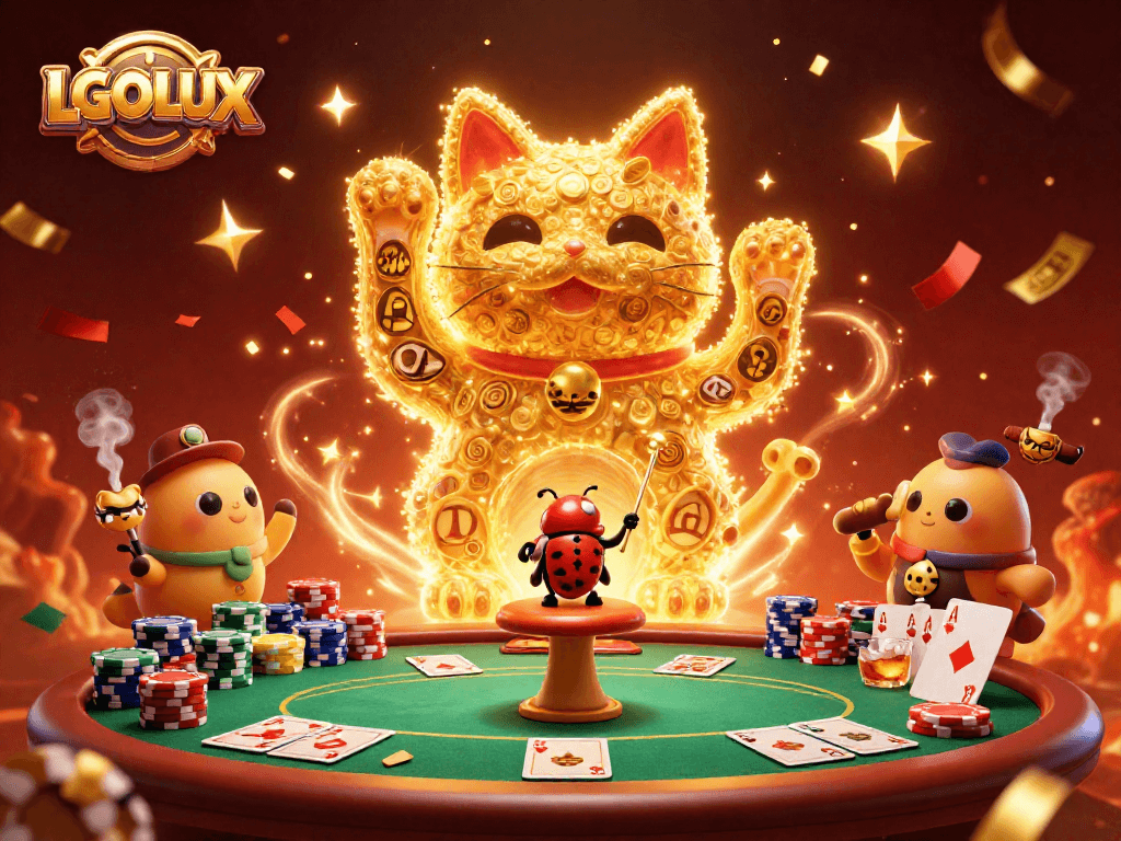 Engage with thrilling casino themes at LGOLUX through a vibrant illustration of a lucky cat and poker elements.