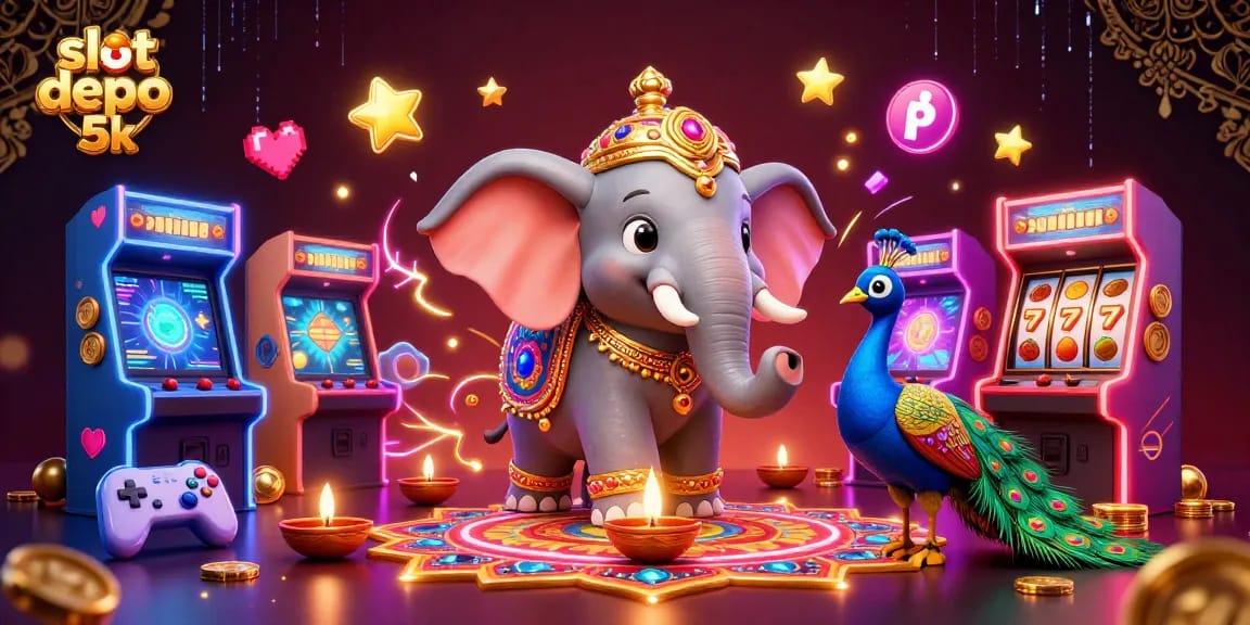 Spin and win on slot depo 5k with vibrant gaming elements in a colorful 3D illustration.