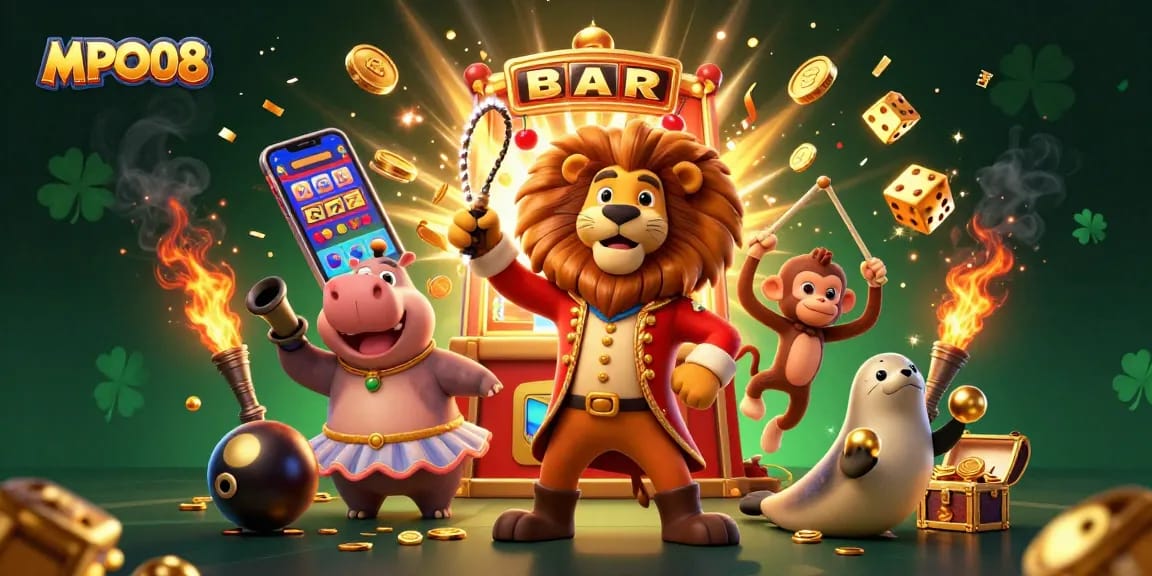 Experience thrilling gameplay with MPO08’s colorful casino scene featuring fun characters and jackpot excitement.
