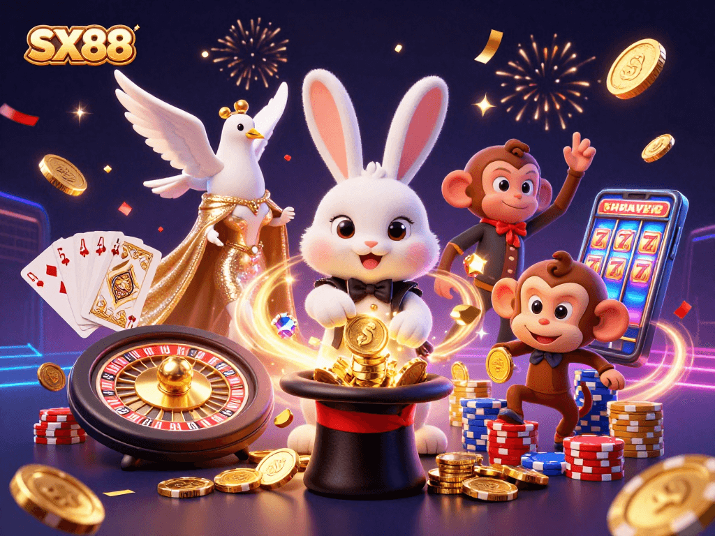 SX88 features a 3D magician rabbit pulling golden coins, a dove, and a monkey amidst dazzling casino elements.