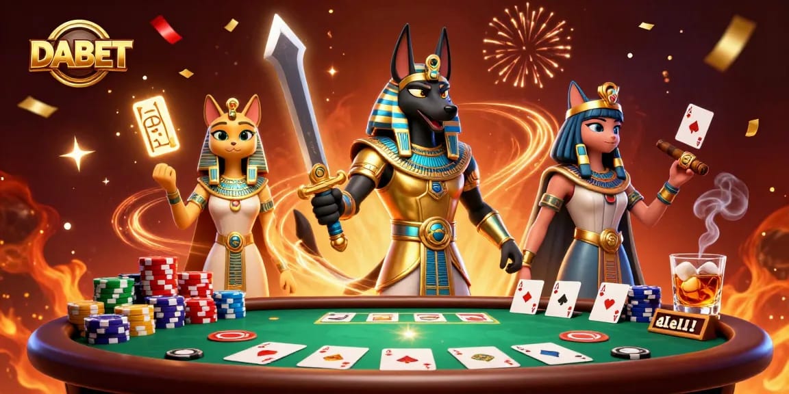 DABET poker scene featuring Anubis and Bastet with vibrant casino elements and layered confetti.