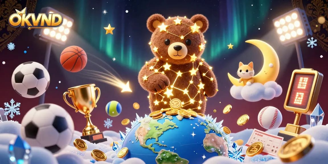 Engaging scene of OKVND with golden star bear scooping coins amid sports betting elements.