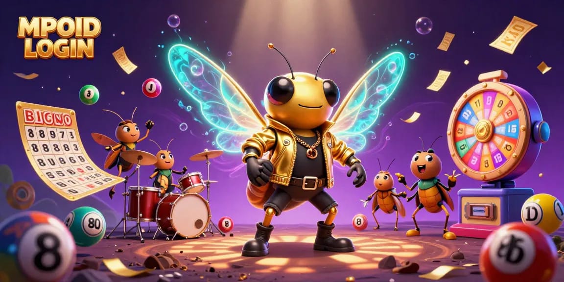 MPOID LOGIN showcases a vibrant casino-themed 3D scene with dynamic elements and characters embodying the excitement of winning.