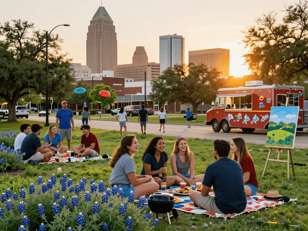 Diverse Texan community enjoying sunset picnic, reflecting on why do people hate Texas amid vibrant city backdrop.