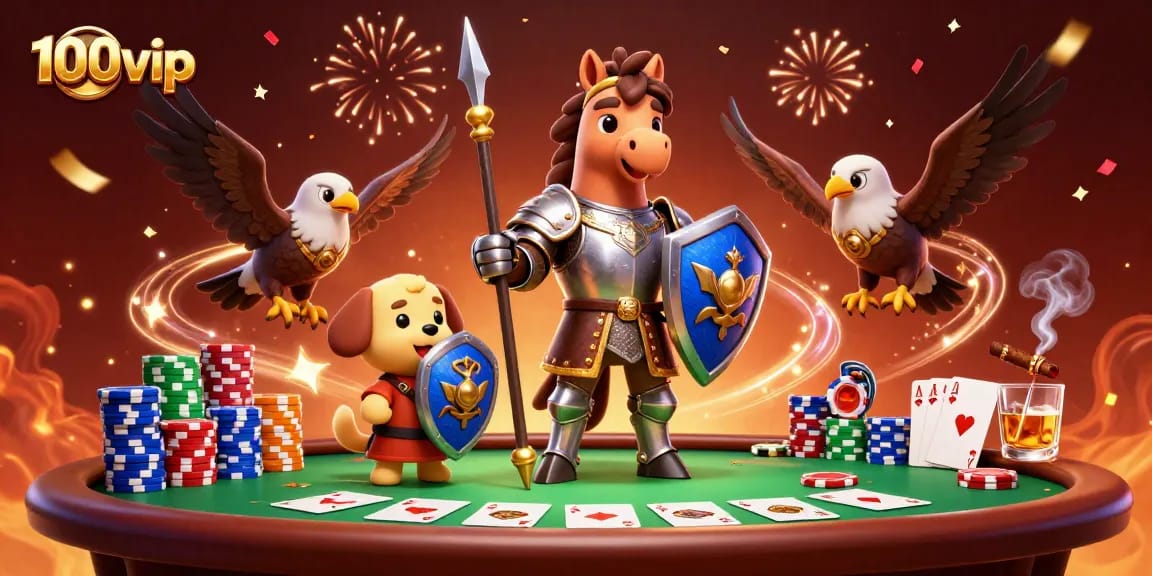 Experience 100vip's exciting gaming world with a knight, squire puppy, and falcon surrounded by poker elements.