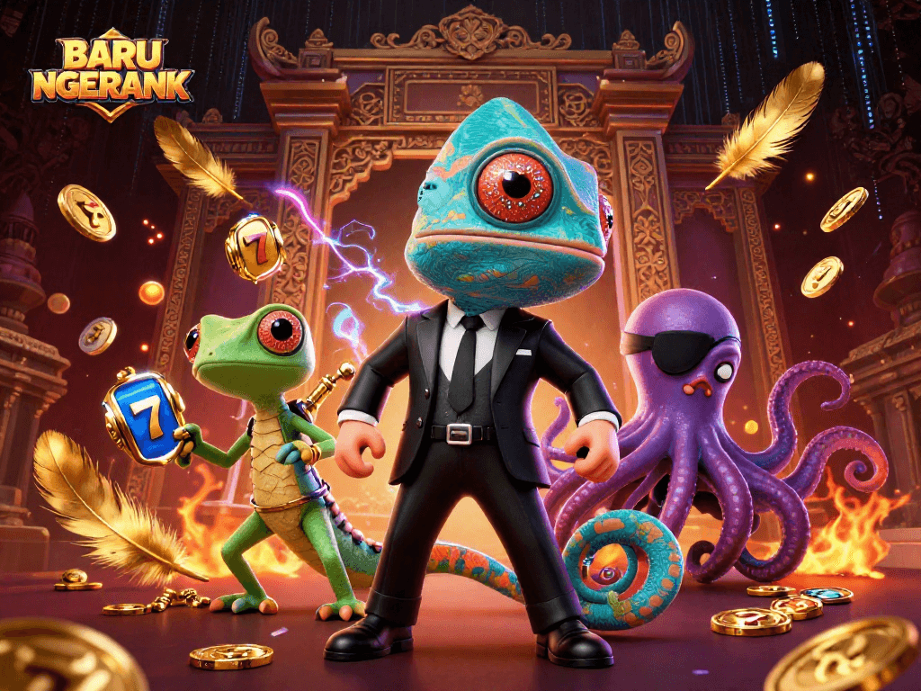 Win big with BARU NGERANK at this vibrant digital casino scene featuring exciting slot reels.