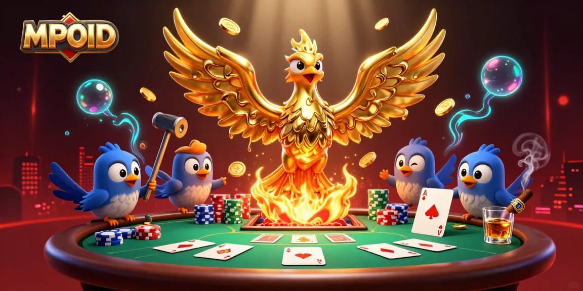 MPOID phoenix unleashing gold coins on a vibrant casino scene filled with poker chips and a glowing atmosphere.