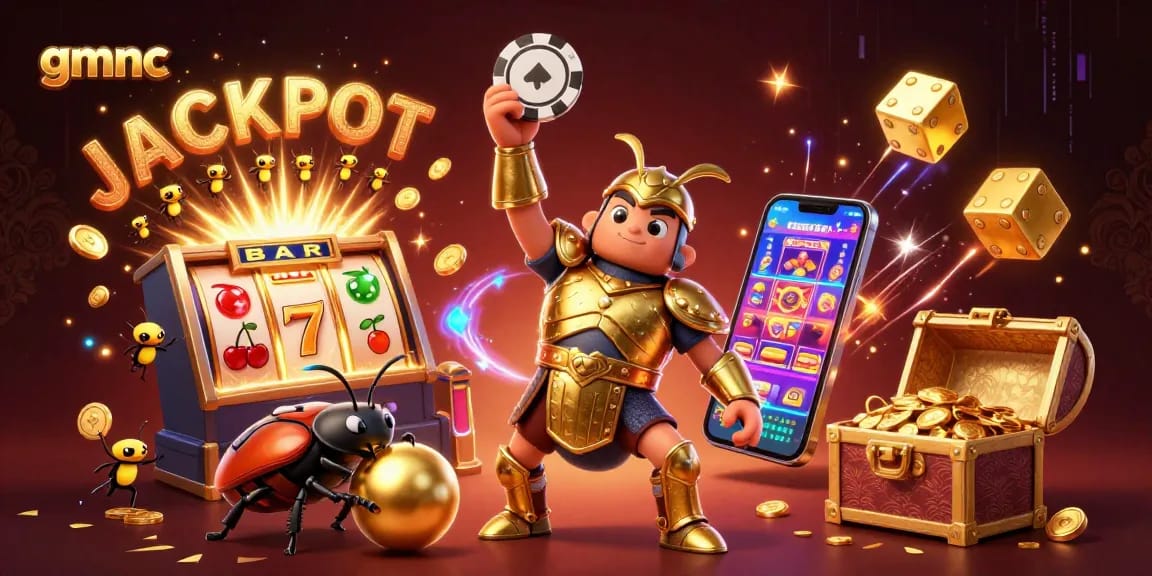 Experience the thrill of gmnc casino gaming with a heroic 3D beetle celebrating a jackpot