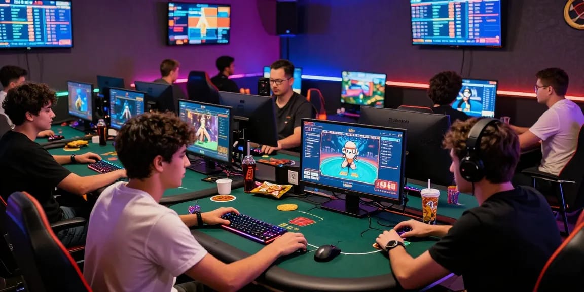 Exciting gaming café scene with friends playing Daftar Domino8 online poker, vibrant atmosphere with high-tech setups.