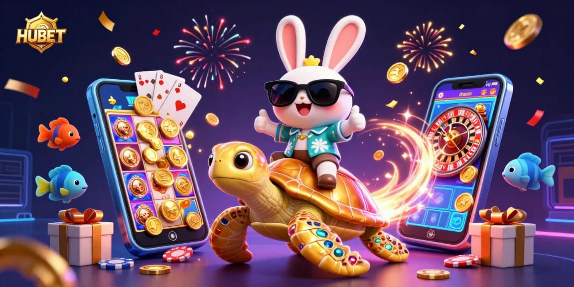 HUBET showcases a thrilling gaming scene with a lucky rabbit and sea turtle amid vibrant casino elements.