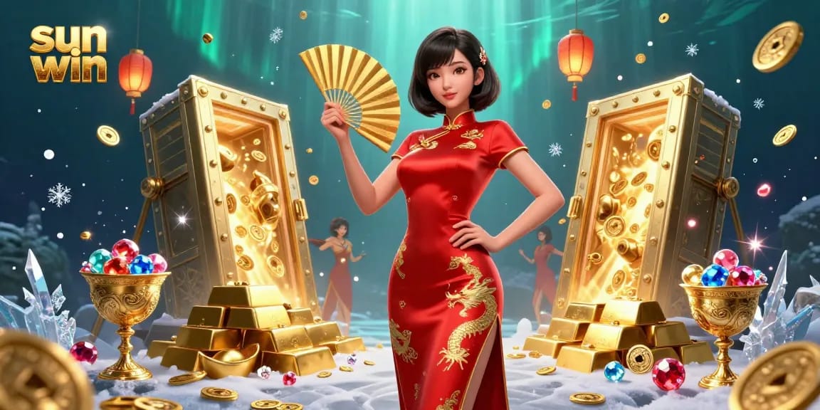 Experience sun win thrills with a radiant woman in a vibrant qipao amidst jewels and gold coins.